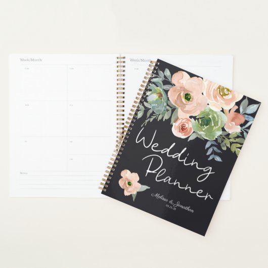 Pêche Green Navy Pastel Floral Wedding planner (Devant avec enveloppe)