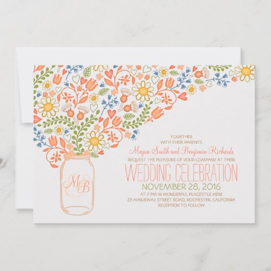pêche mason jar corail fleurs mariage invitations (Devant)
