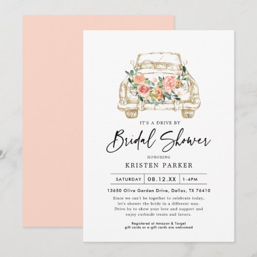 Pêcher Floral Drive Par Bridal Shower Invitation (Devant / Derrière)