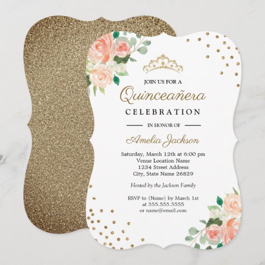 Pêcher or floral Confetti Quinceanera Invitation (Devant / Derrière)