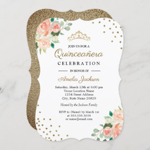 Pêcher or floral Confetti Quinceanera Invitation