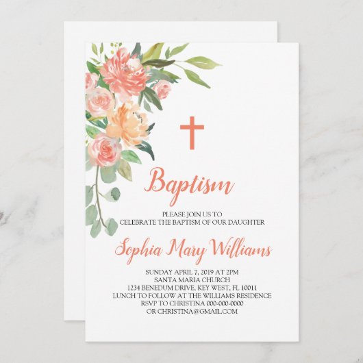 Pêches et crème Baptême Fille Invitation (Devant / Derrière)