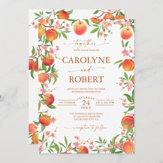 Pêches et fleurs Printemps Mariage Invitation (Devant / Derrière)