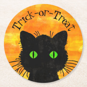 Peek-A-Boo Black Cat Oranje Trick-or-Treat Ronde Kartonnen Onderzetter