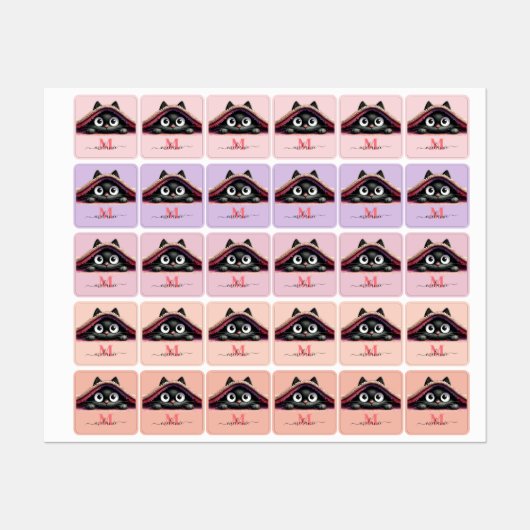 Peek-a-Boo Kitten Script Naam Monogram Meisjes Labels (Vel)