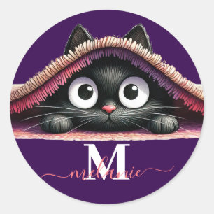 Peek-a-Boo Kitten Script Naam Monogram Meisjes Ronde Sticker