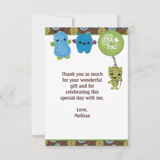 Peek a Boo MONSTERS Dank u 3,5 "x5" PABC (PLAT) Bedankkaart (Voorkant)