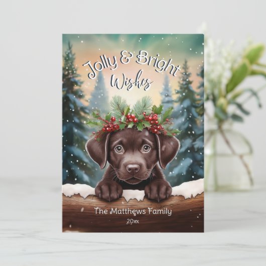 Peeking Chocolate Lab Jolly & Bright Rustic Forest Feestdagenkaart (Staand voorkant)
