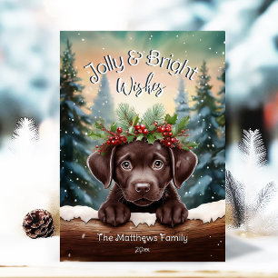 Peeking Chocolate Lab Jolly & Bright Rustic Forest Feestdagenkaart