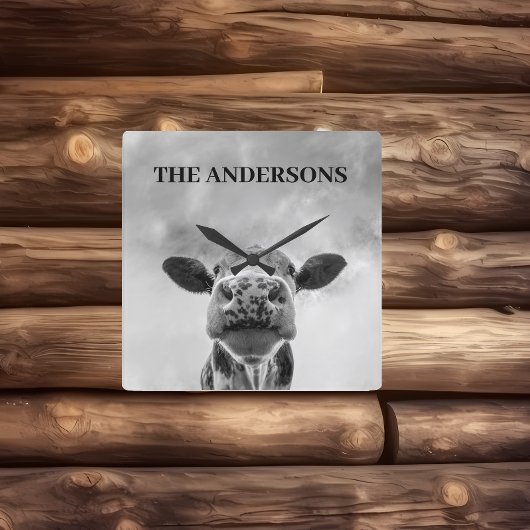 Peeking Vache Nuages Noir Blanc Carré Mur Horloge