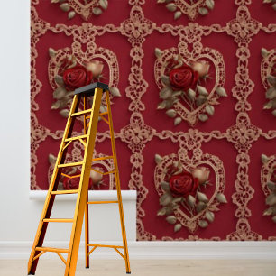 Peel en Stick red hearts rozen kanten patroon Behang