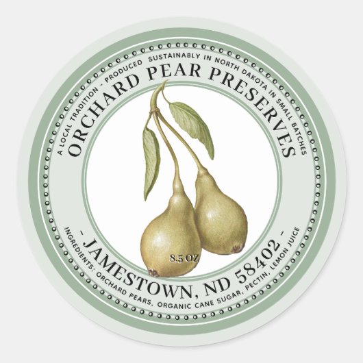 Peerperenetiket Jam Jelly 1930 Green Ronde Sticker (Voorkant)