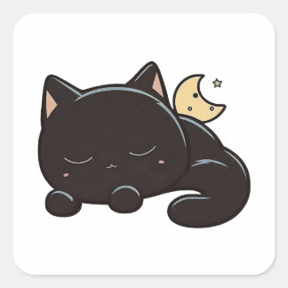 Pegatina con Gato Negro Dormido Kawaii Vierkante Sticker