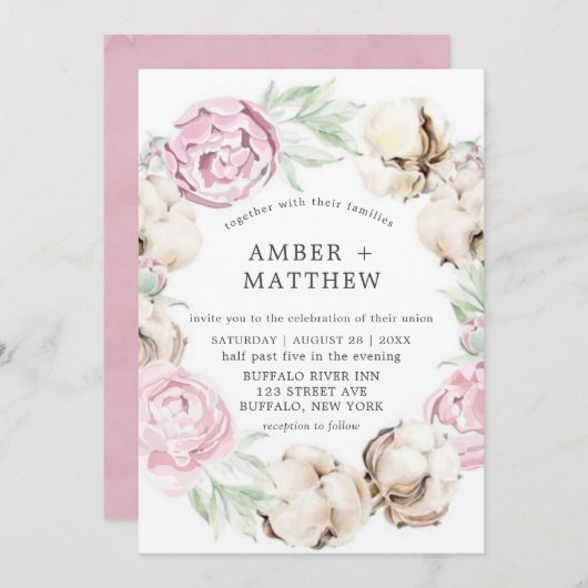 Peine rose pâle et invitation de mariage en coton (Devant / Derrière)