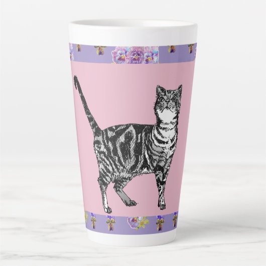 Peint à la main violet Tabby Chat floral Latte Mug (Devant)