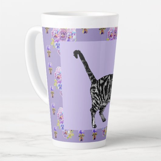 Peint à la main violet Tabby Chat floral Latte Mug (Angle gauche)