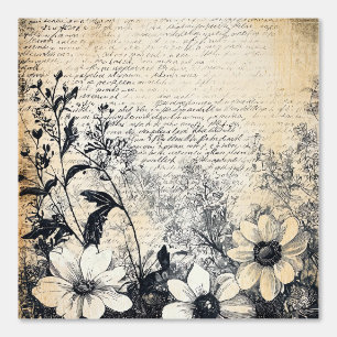 Peint Fleur rustique et calligraphie - Papier Brown viei