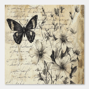 Peint Fleurs et papillons rustiques - Papier vieilli (1)