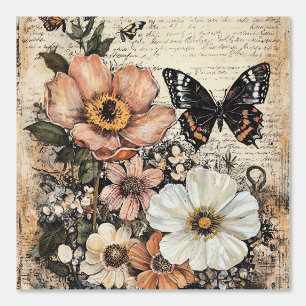 Peint Fleurs et papillons rustiques - Papier vieilli (14
