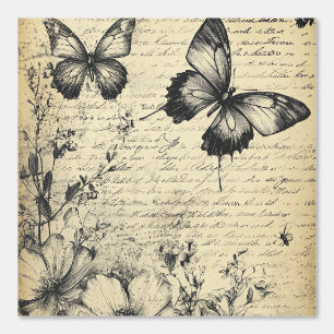Peint Fleurs et papillons rustiques - Papier vieilli (7)