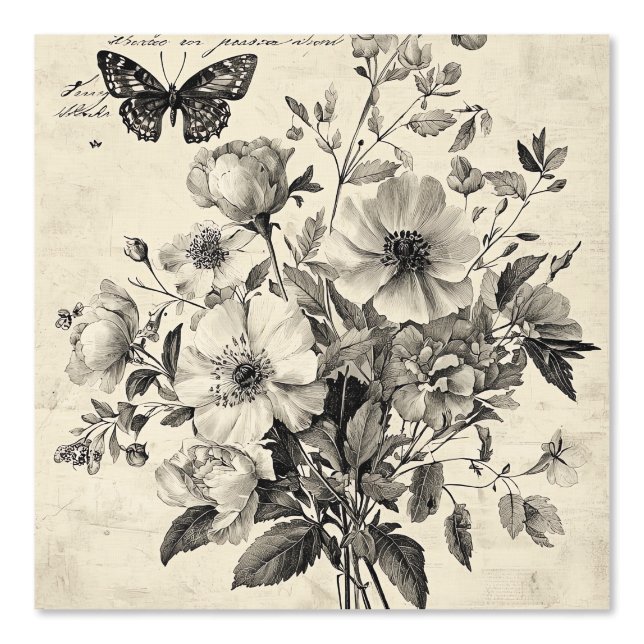 Peint Fleurs et papillons rustiques - Papier vieilli (8) (Recto)