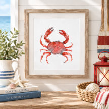 Peinture à l'aquarelle Crabe Rouge Art mural côtie