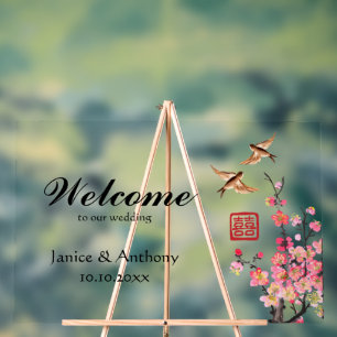 Peinture à l'encre chinoise fleurs oiseaux mariage