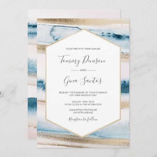 Peinture bleue et or Faire-part de mariage aquarel (Devant / Derrière)