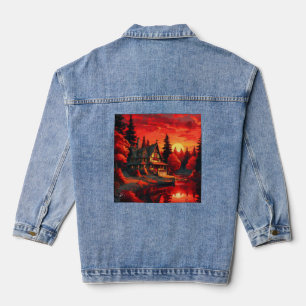 Peinture coucher de soleil avec chalet et lac-6663