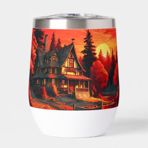 Peinture coucher de soleil avec chalet et lac-6663