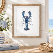 Peinture de homard bleu à l'aquarelle Art mural cô