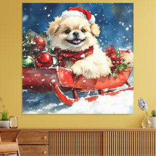 Pekinees Hond in Sledge Laat het Sneeuw Kerstmis Canvas Afdruk