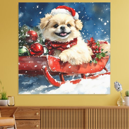 Pekinees Hond in Sledge Laat het Sneeuw Kerstmis Canvas Afdruk (Insitu (Woonkamer))