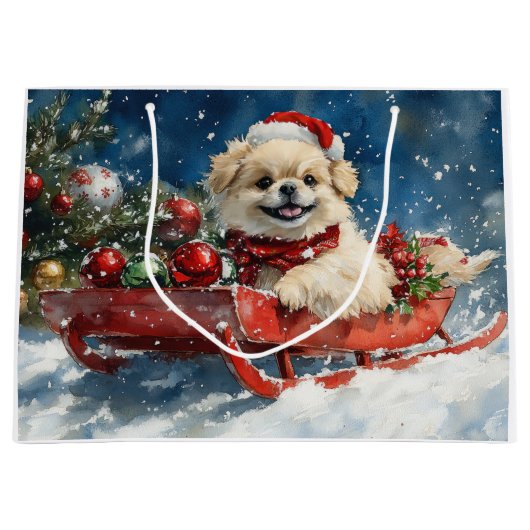 Pekinees Hond in Sledge Laat het Sneeuw Kerstmis Groot Cadeauzakje (Voorkant)
