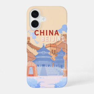 Peking China Reisposter Pastelblauw & Perzik iPhone 16 Hoesje