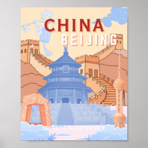 Peking China Reisposter Pastelblauw & Perzik Poster