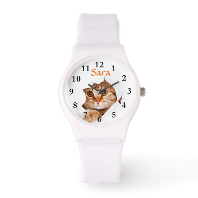 Peking Kat op Sportief Wit Silicon Polshorloge Horloge (Voorkant)