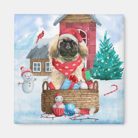 Pekingees Hond In sneeuw Kerstmis Hondenhok Magneet (Voorkant)