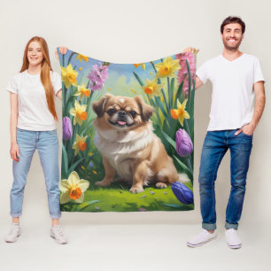 Pekingees Hond Lente Bloemen Schilderij Fleece Deken