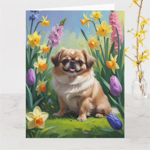 Pekingees Hond Lente Bloemen Schilderij Kaart