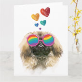 Pekingees hond met harten Valentijnsdag Kaart (Gele Bloem)