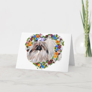 Pekingees in een bloemhart feestdagen kaart
