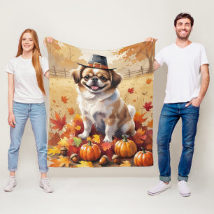 Pekingees in herfstbladeren dankbaarheid kunst fleece deken