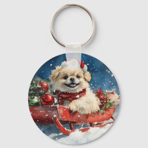 Pekingees in slee Let it Snow Kerstmis Sleutelhanger