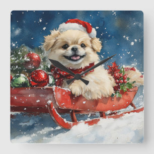 Pekingees in slee Let it Snow Kerstmis Vierkante Klok