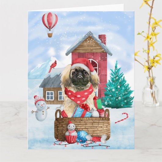 Pekingees in sneeuw Kerstdoggenhuis Kaart (Gele Bloem)
