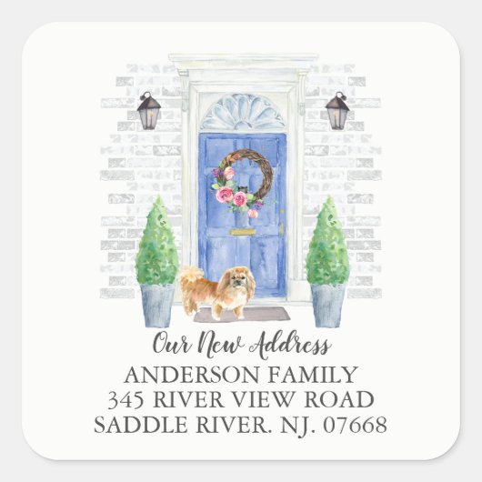 Pekingese blauwe deur Nieuw adreslabel Vierkante Sticker (Voorkant)