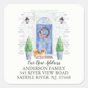 Pekingese blauwe deur Nieuw adreslabel Vierkante Sticker