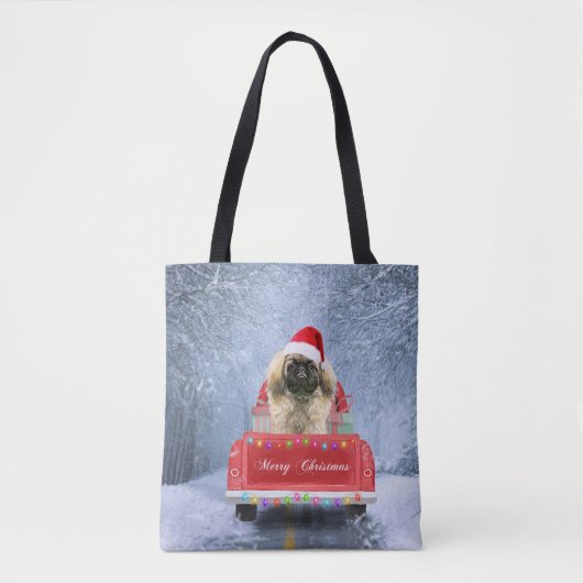 Pekingese Dog in sneeuw, met kersttruck Draagtas (Voorkant)