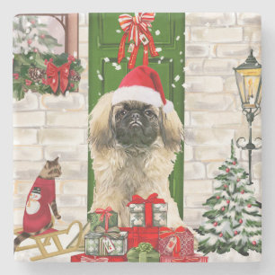 Pekingese Dog Kerstmis Stenen Onderzetter